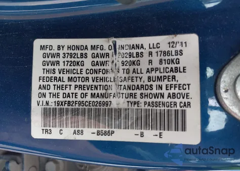 2012 Honda Civic Ex-L из США, поврежденный, VIN 19XFB2F95CE026997